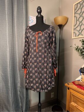 Hayden Black Floral Long-Sleeve Peasant Dress with Orange Ties